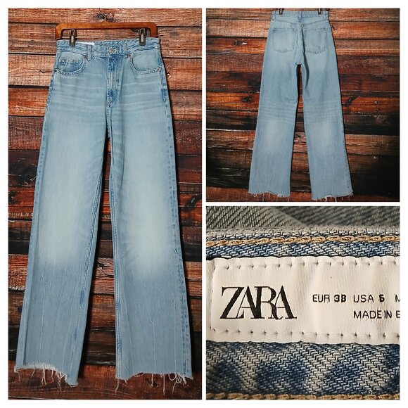 Zara Jeans Size 6 Ultra High Rise Baggy Wide Leg Raw Hem Light Wash Denim - Picture 1 of 9